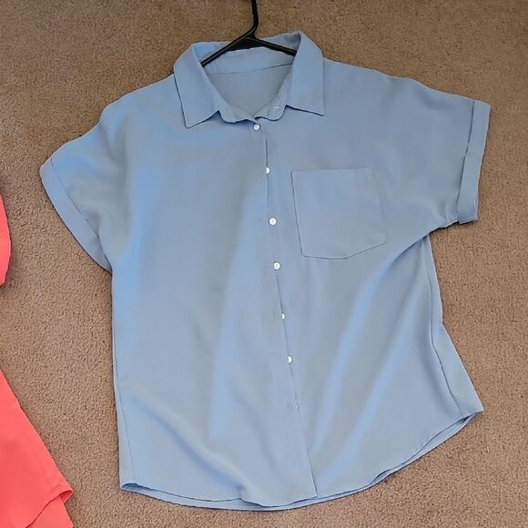 Womens Medium Coral and Blue Button-Up Blouse Shirt tops, Set of two - Picture 3 of 3